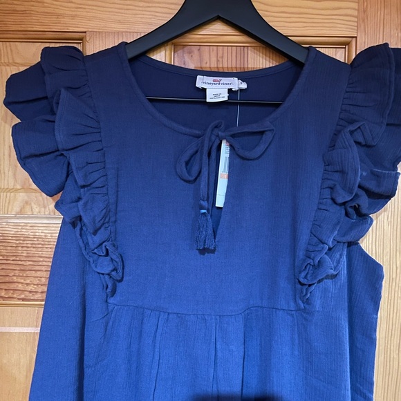NWT Vineyard Vines Navy Blue Gauze Flutter Ruffle Sleeveless Summer Dress Size S - Picture 4 of 5